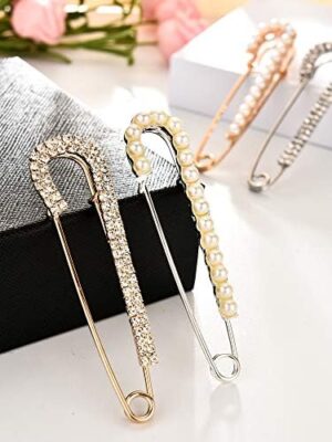 Women Brooch Pins Sweater Shawl Clips Faux Crystal Pearl Brooches Safety Pins Dress Shirt Clips for Women Gold Silver (4 Pieces) - Image 7