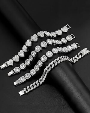 4PCS Gold Bracelets for Women Silver Clustered Tennis Bracelet for Women Heart Round Diamond Cuban Bracelet Layered Link Bracelet Set Fashion Jewelry for Women Set - Image 4