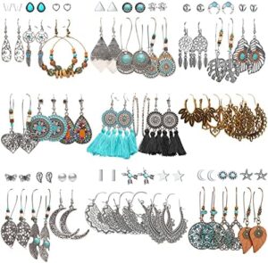 45 Pairs Vintage Silver Drop Dangle Earrings Set for Women Bohemian Bronze Waterdrop Leaf Earrings