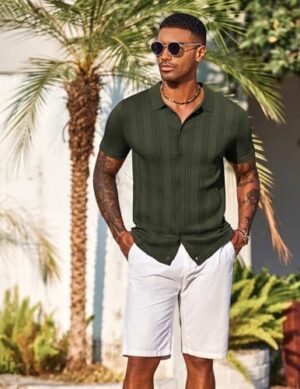 COOFANDY Men's Knit Shirts Short Sleeve Casual Button Down Polo Shirt Summer Beach Vacation Shirts - Image 4