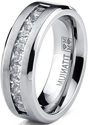 Metal Masters Titanium Men's Wedding Band Engagement Ring with 9 Large Princess Cut Cubic Zirconia - Image 3