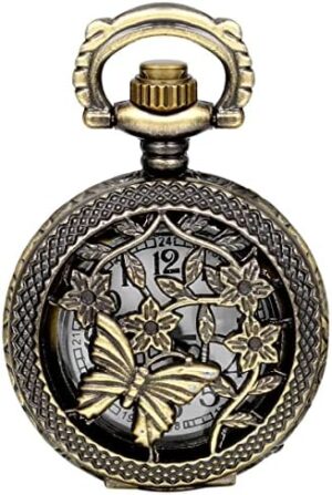 JewelryWe Vintage Butterfly Pocket Watch: Retro Design Bronze Flower Openwork Cover Pocket Quartz Watch with Chain