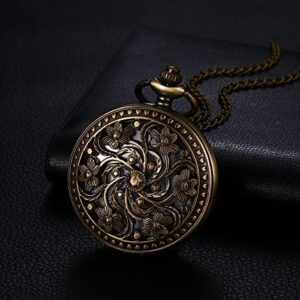 Avaner Hollow Out Pocket Watches: Bronze Flower Analog Quartz Pocket Watch with Chain for Men and Women - Image 3