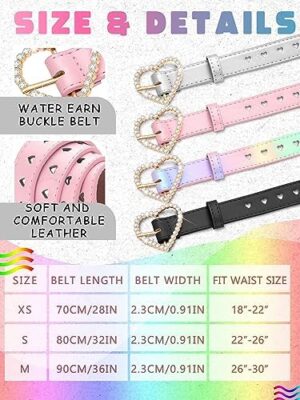 Newcotte 4 Pcs Girls Belt Kids Leather Waist Belt Rhinestone Heart Metal Buckle - Image 2