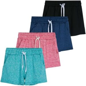 Real Essentials 4 Pack: Girls Athletic Performance Dry-Fit Running Shorts with Drawstring & Pockets