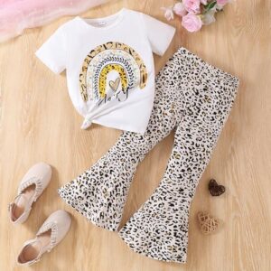 Kids Toddler Girl Clothes Letter Print Graphic Top + Leopard Print Flare Leg Pants 2PC Summer Clothing Set - Image 2