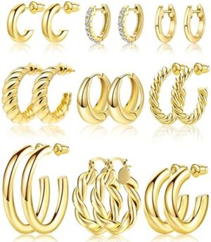 Adoyi 9 Pairs Gold Hoop Earrings Set for Womens Twisted Huggie Hoops Earrings 14K 18K Gold Plated for Girls Valentines Mother's Day Birthday Gifts Lightweight