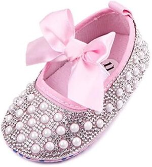 Baby Girls Mary Jane Flats Sparkly Bow Diamonds Princess Dress Shoes Anti-Slip Infant Crib Shoes