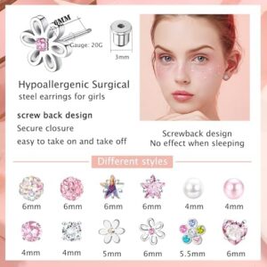 SAILIMUE 12 Pairs Hypoallergenic Screw Back Earrings for Women Girls Surgical Steel Cute Heart CZ Flower Pearl Ball Tiny Screwback Stud Earring - Image 6