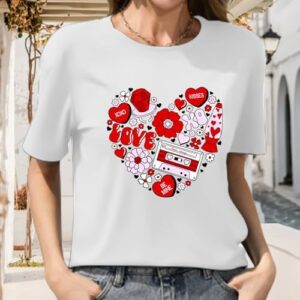 Valentine's Day Tshirt Women Cute Love Heart Tees Funny Cassette Tape Letter Print Splicing Short Sleeve Lover Tee Tops - Image 2