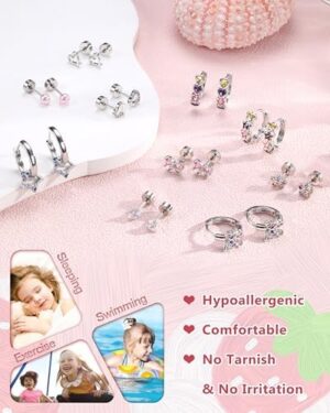 BESTEEL Hypoallergenic Silver Stud Hoop Earrings for Girls Women Surgical Steel Flatback Earrings Cute Kids Earring Pink Colorful CZ Earrings Set Toddler Earring for Sensitive Ears Age over 4 years old - Image 6