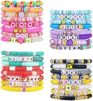 LUYI 32 Pcs Preppy Jewelry Bracelets for Women Clay Bead Colorful Surfer Heishi Bracelet Set Stackable Beaded Friendship Stretch Bracelets Boho Y2K Summer Beach Elastic Layering Bracelets