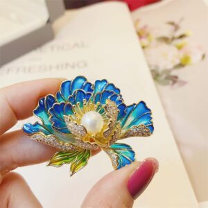 Classical Enamel Blue Peony Flower Brooch, Natural Freshwater Pearl, Exquisite high-end Chinese Style Cheongsam Hanfu Accessory pin - Image 3