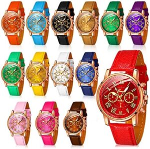 Yinkin 14 Pcs Assorted Platinum Watch Unisex Quartz Watch Sets for Women Men Ladies Watches Roman Numerals PU Leather Women's Wrist Watches