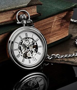 Stuhrling Original Men's Pocket Watch Stainless Steel Analog Skeleton Watch Hand Wind Mechanical Movement Stainless Steel Chain - Image 5