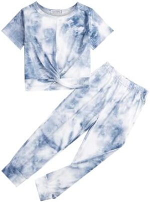 Flypigs Girls Clothing Sets Tie Dye 2 Piece Outfits Short Sleeve Twist Front Tops and Sweatpants Sportswear Tracksuits