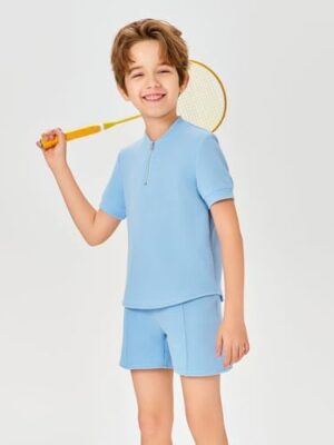 Haloumoning Boys 2 Piece Short Sets Tracksuit Quarter Zip T Shirts and Elastic Waist Shorts 5-14 Years - Image 3