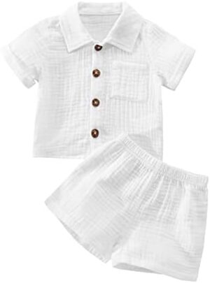 Baby Boys Clothes Set Toddler Infant Boys Button-down Shirt Tops + Cotton Gauze Shorts Summer Outfit 2PCS with Pockets