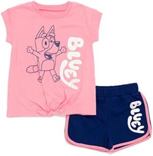 Bluey Girls T-Shirt and French Terry Dolphin Shorts Outfit Set Toddler to Big Kid Sizes (2T - 10-12)