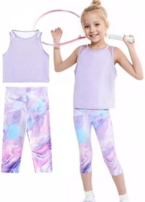 Gogokids Girls' Activewear Workout Set, 2 Piece Athletic Sets Sleeveless Tank Tops and Capri Leggings Yoga Pants