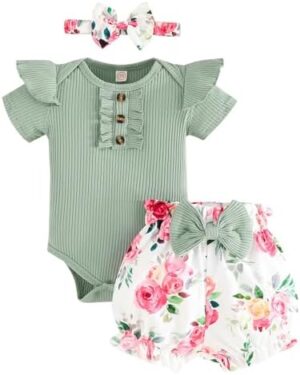 Baby Girl Clothes Newborn Infant Outfit Ruffle Romper and Short Pants Clothing Sets for Summer Spring