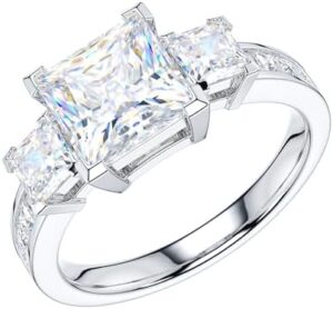 THELANDA Sterling Silver Center 1.5CT Three Stone Style All Princess Cut Side Stones Promise Engagement Ring