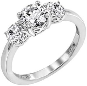 Amazon Essentials Platinum or Gold Plated Sterling Silver Round 3-Stone Ring made with Infinite Elements Cubic Zirconia (previously Amazon Collection)