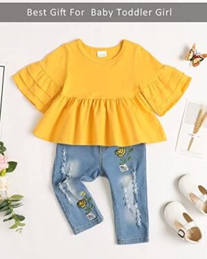 NZRVAWS Baby Girl Clothes Toddler Girl Outfits Infant Ruffle Shirt Denim Ripped Jeans Cute Clothing Set - Image 3