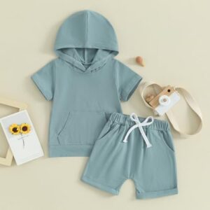 Bowanadacles Toddler Baby Boy Summer Outfit Clothes Solid Color Short Sleeve Hoodie T Shirt Top Elastic Waist Shorts Set - Image 2