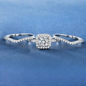 MDFUN 18K White Gold Plated Cubic Zirconia Three-in-One Halo Wedding Engagement Promise Eternity Ring for Women - Image 4