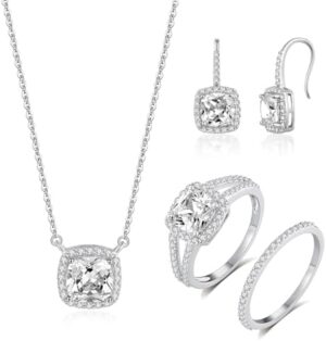 MDFUN 18K White Gold Plated Square CZ Jewelry Sets|Earrings Necklace Rings Ensemble for Women