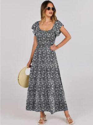 ANRABESS Women’s 2025 Summer Casual Maxi Dress Flutter Sleeve Scoop Neck Smocked Tiered A Line Flowy Beach Long Dresses - Image 2