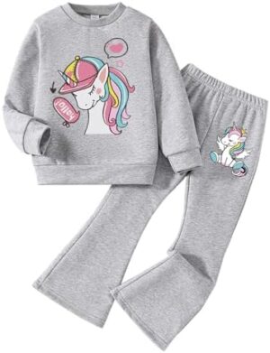 Toddler Girl Clothes-Unicorn Graphic Print Round Neck Sweatshirt & Flare Pants-Little Girls Outfit Size(3~7 years)