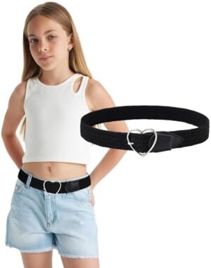 AWAYTR Girls Stretchy Braided Belt - Heart Buckle Golf Softball Belts for Girls Aged 3-18 Years