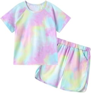 DISAUR Girls Summer Clothes 2 Piece Tie Dye Clothes for Girls T-Shirt and Shorts Set with Side Pockets 4-10 Years