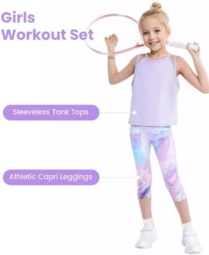 Gogokids Girls' Activewear Workout Set, 2 Piece Athletic Sets Sleeveless Tank Tops and Capri Leggings Yoga Pants - Image 2