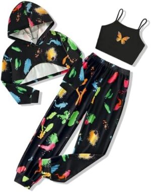 Girls Clothes 3PC Tie-dye with Butterfly Print Hoodie Sweatshirt Butterfly Print Cami Tops Sweatpants Girls