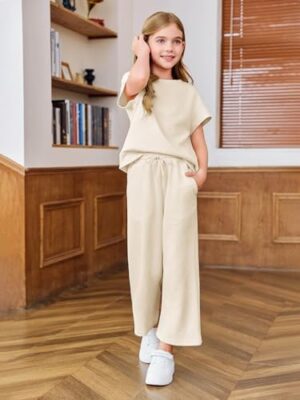 Haloumoning Girls' Clothing Sets Kids Fashion Short Sleeve Crew Neck Tops Wide Leg Pants Sweatsuit with Pocket 5-14Y - Image 4