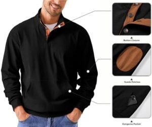 JMIERR Men's Corduroy Sweatshirt Casual Long Sleeve Stand Collar Button Pullover Sweatshirts with Pockets - Image 3