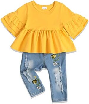 NZRVAWS Baby Girl Clothes Toddler Girl Outfits Infant Ruffle Shirt Denim Ripped Jeans Cute Clothing Set