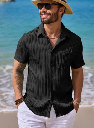 JMIERR Men's Button Down Shirts Textured Short Sleeve Casual Summer Hawaiian Beach Shirt with Pocket - Image 2