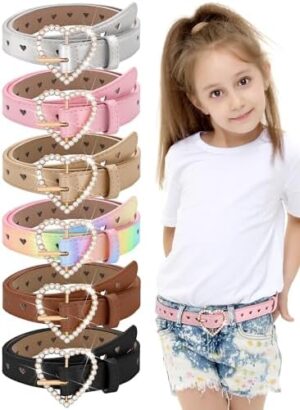 Ramede 6 Pcs Girls Belt with Heart Metal Buckle Skinny Kids Leather Belts for Jeans Dress Pants