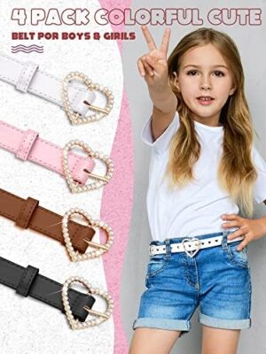 Newcotte 4 Pcs Girls Belt Kids Leather Waist Belt Rhinestone Heart Metal Buckle - Image 4