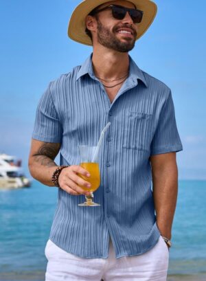 JMIERR Men's Button Down Shirts Textured Short Sleeve Casual Summer Hawaiian Beach Shirt with Pocket - Image 4