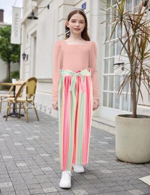 Arshiner Girls Clothing Sets Square Neck Rib Knit Shirts + Stylish Wide Leg Pants + Headband Cute 3pcs Fall Clothes Outfits - Image 4