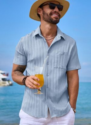 JMIERR Men's Button Down Shirts Textured Short Sleeve Casual Summer Hawaiian Beach Shirt with Pocket - Image 4