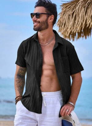 JMIERR Men's Button Down Shirts Textured Short Sleeve Casual Summer Hawaiian Beach Shirt with Pocket - Image 3