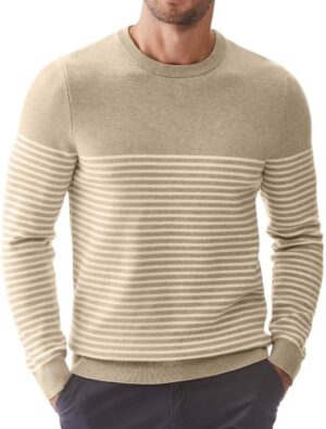 Mens Sweater Casual Slim Fit Crew Neck Striped Knitted Pollover Long Sleeve Sweaters Tops - Image 2