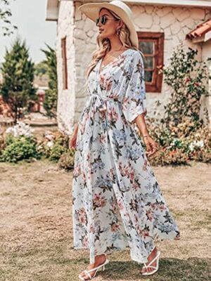 ANRABESS Women’s Summer Loose Boho Flowy Wrap V Neck 3/4 Sleeve Floral Print Slit Beach Wedding Guest Long Maxi Dresses - Image 3