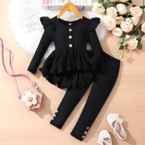 Kid Toddler Girl Clothes Solid Color Ruffle Sleeve Top Floral Pants 2PC Fall Winter Girls Outfits Clothing Set 2-6Y - Image 2